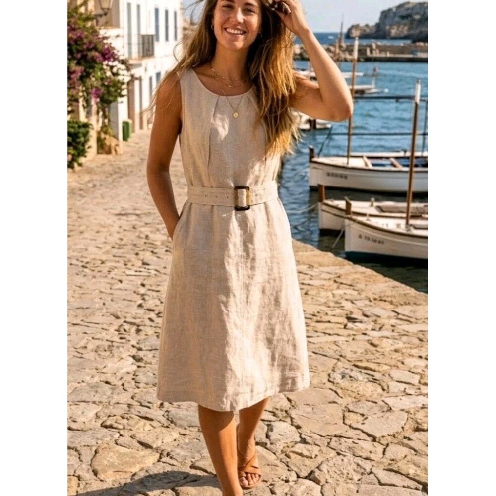 Tahari Size 6 Sleeveless Dress 100% Linen Belted Beige Oatmeal Pockets